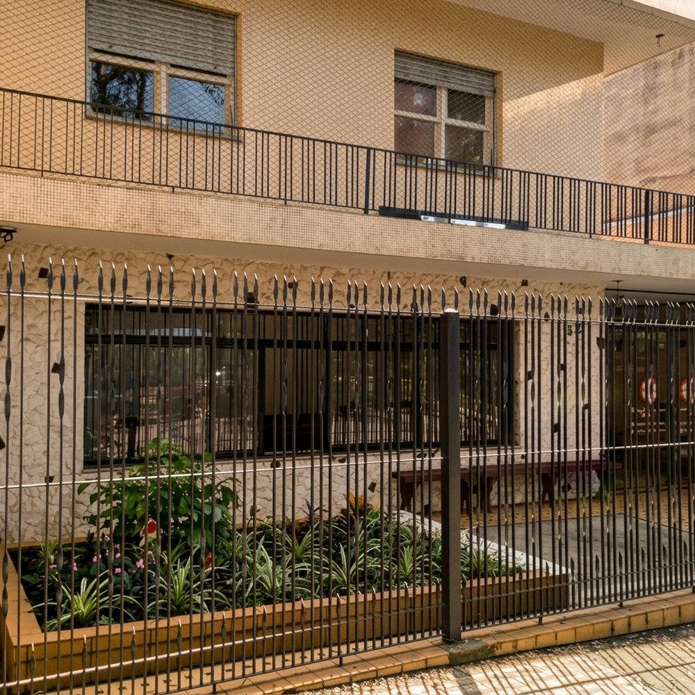 Frente da casa, com gradil e canteiro de plantas